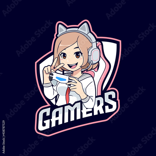 Cute gamer anime girl wearing Japanese school uniform esport logo template