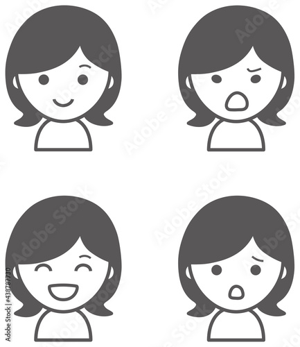 女性のいろいろな表情　アイコンセット　モノクロ