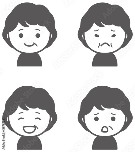 おばあちゃんのいろいろな表情　アイコンセット　モノクロ