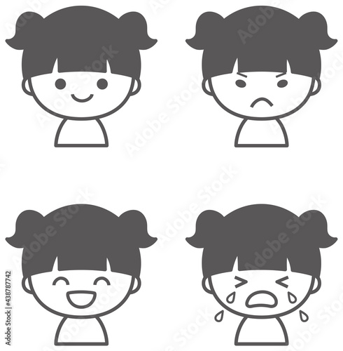 女の子のいろいろな表情　アイコンセット　モノクロ