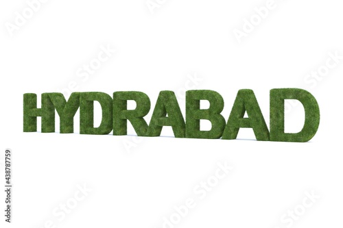 3d rendering of green grass HYDRABAD word isolated on white background photo