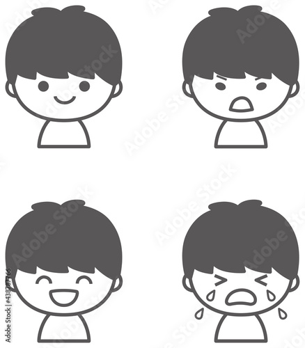 男の子のいろいろな表情　アイコンセット　モノクロ