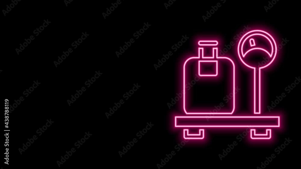 Glowing neon line Scale with suitcase icon isolated on black background. Logistic and delivery. Weight of delivery package on a scale. 4K Video motion graphic animation Glowing neon line Scale with suitcase icon isolated on black background. Logistic and delivery. Weight of delivery package on a scale. 4K Video motion graphic animation