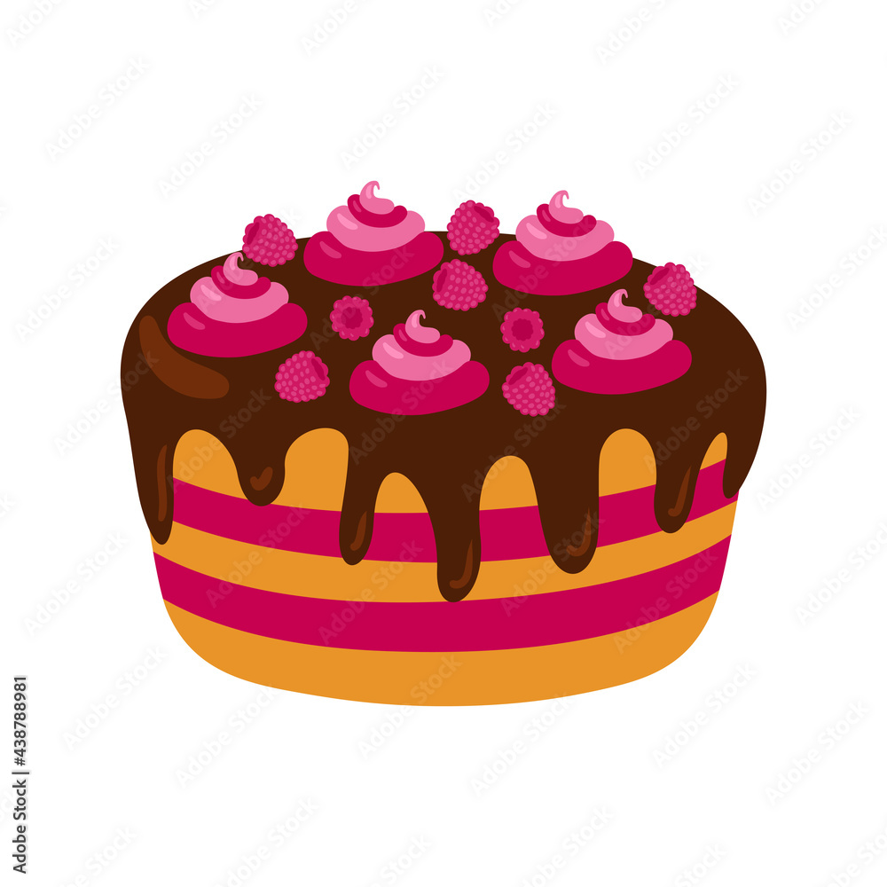 Sweet delicious cake. Cartoon style hand drawn vector illustration.Cake with cream, berries, fruits. For greeting cards, restaurants and bakery menus. Sweet delicious cake. Cartoon style hand drawn vector illustration.Cake with cream, berries, fruits. For greeting cards, restaurants and bakery menus.