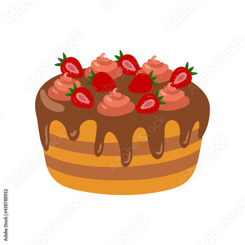 Sweet delicious cake. Cartoon style hand drawn vector illustration.Cake with cream, berries, fruits. For greeting cards, restaurants and bakery menus.
