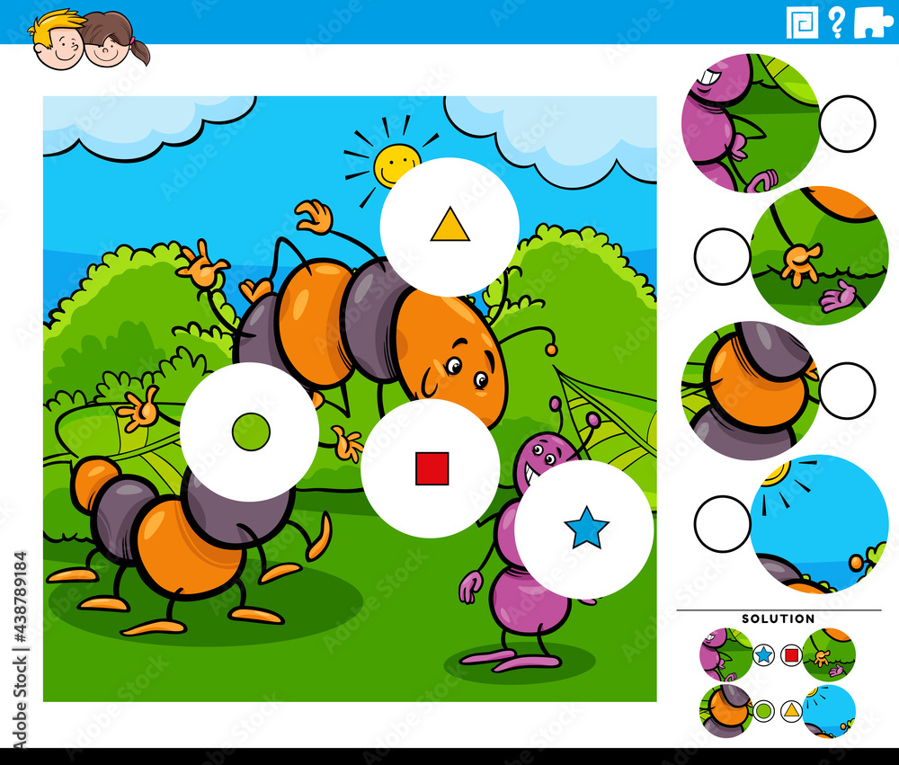 Fototapeta premium match pieces task with cartoon caterpillar and ant