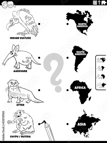 match animals and continents game coloring book page