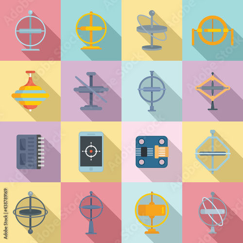 Gyroscope icons set, flat style