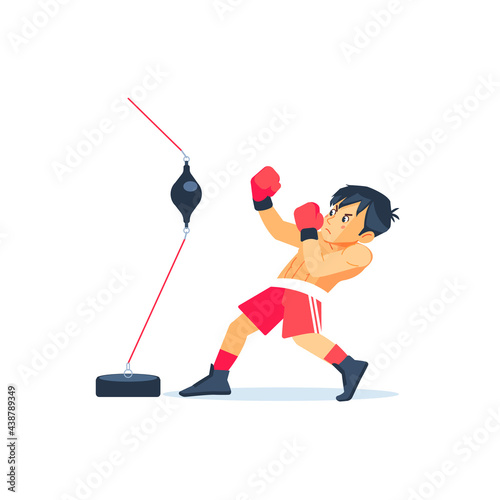 Young Boxer doing some training on a Double End Speed Ball Boxing Bag at a gym, kid taking up a new hobby. Cartoon flat vector illustration on white background