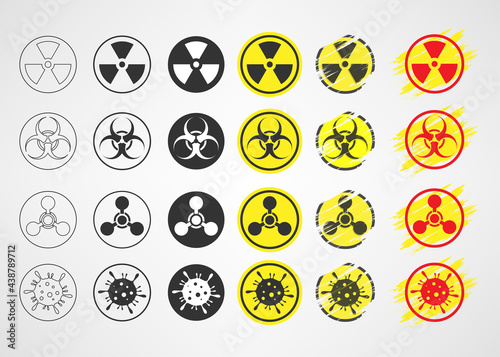 Radiation, bio hazard, chemical weapon, coronavirus warning symbol on white background.