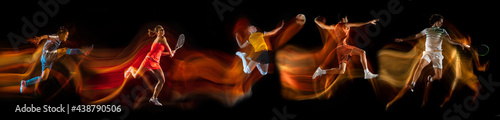 Sportsmen playing basketball, tennis, soccer football, volleyball on black background in mixed light.