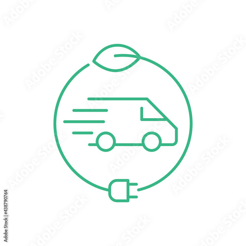 Green electric delivery van. Transportation vehicle inside circle with leaf and an electric plug. Environmental friendly mode of transport. Fast efficient delivery. Vector illustration, flat, clip art