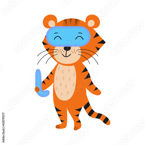 Fototapeta Naklejka Na Ścianę i Meble -  Cute tiger in a mask and with a bathing snorkel. Summer vacation concept. Year of the tiger. Symbol of 2022. Flat vector illustration. Cartoon style.