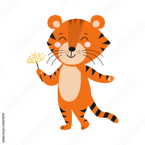 A cute tiger with a sparkler in its paws celebrates the new year. Holiday and joy concept. Year of the tiger. Symbol of 2022. Flat vector illustration. Holiday concept. Cartoon style.