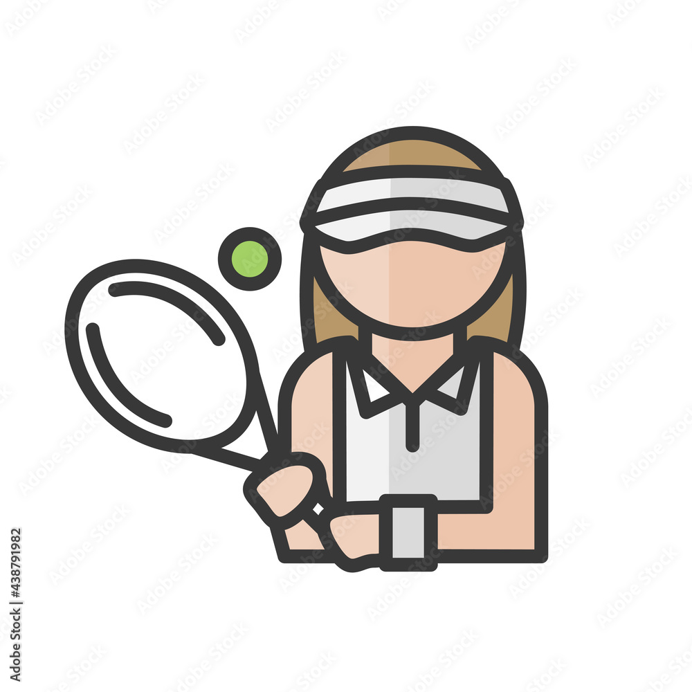 Female tennis player avatar. Woman playing sport character. Profile user, person. People icon. Vector illustration