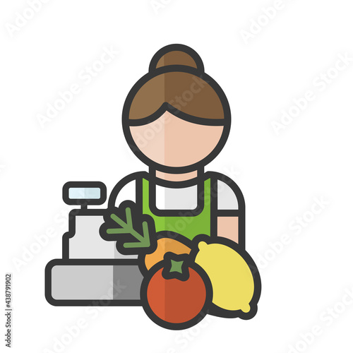 Female fruiterer avatar. Fruits and vegetables seller character. Woman working. Profile user, person. People icon. Vector illustration