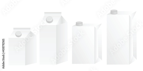 Set of blank milk package with screw cap isolated on white background.Juice cardboard box mockup vector design.3d realistic vector illustration.Template,  banner or layout for design.Retail concept.