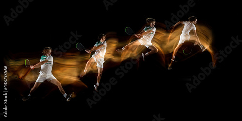 Man playing tennis on black background in mixed light. Collage made of different photos of 1 fit young male player in motion or action during sport game. © master1305