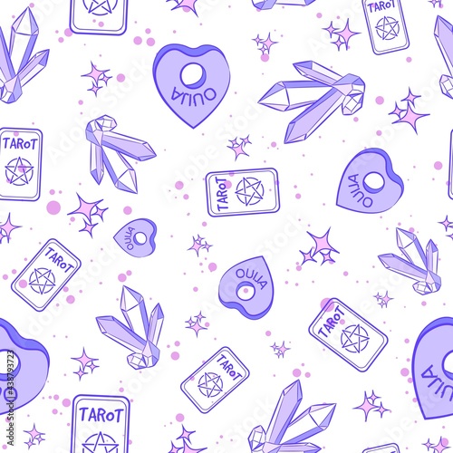 Pastel purple occult seamless pattern with ouija planchettes, tarot cards, gemstones and stars. Repeat background with wiccan and pagan magic objects. Spiritual and millennial texture about divination