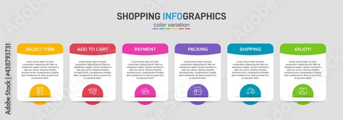Concept of shopping process with 6 successive steps. Six colorful graphic elements. Timeline design for brochure, presentation, web site. Infographic design layout.