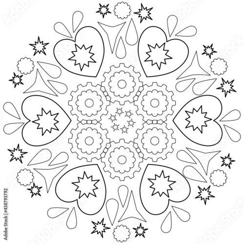 Round monochrome pattern of abstract hearts  flowers for coloring book.