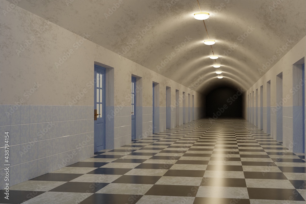 Corridor in old hospital. 3D illustration