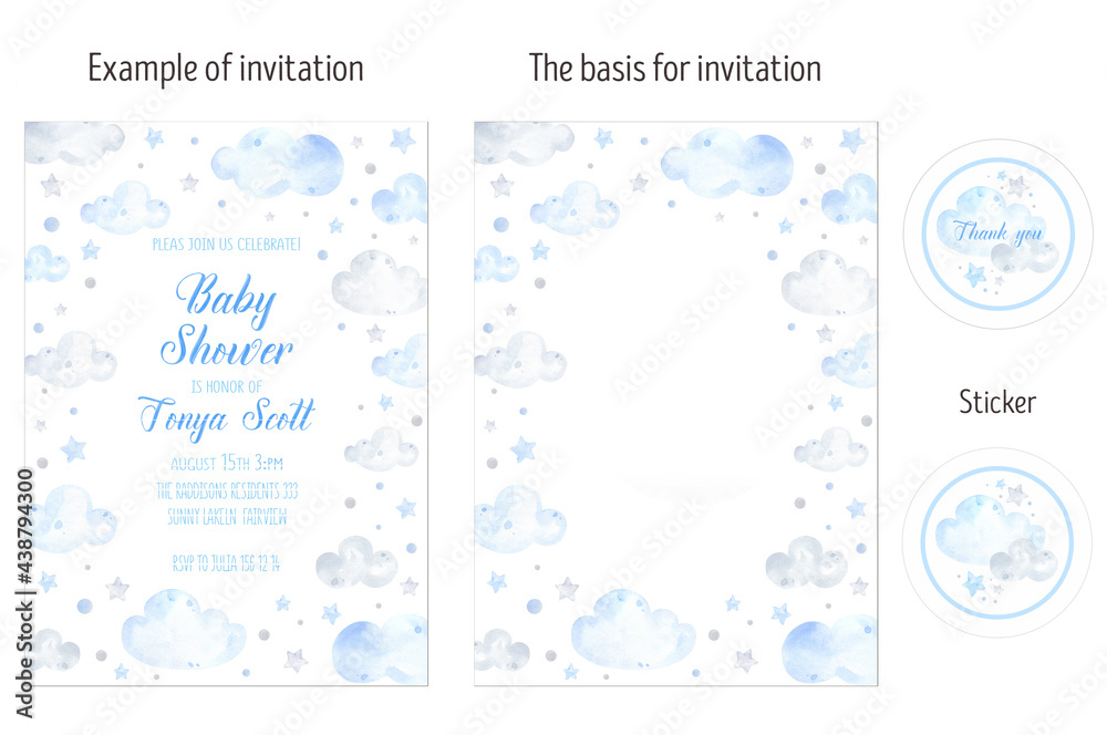 Blue clouds and stars invitation card layout watercolor. Dream, sky, flight. Scandunavian. Baby shower, birthday invitation card. Welcome Baby; Hello Boy, illustration; hello world Blue clouds and stars invitation card layout watercolor. Dream, sky, flight. Scandunavian. Baby shower, birthday invitation card. Welcome Baby; Hello Boy, illustration; hello world