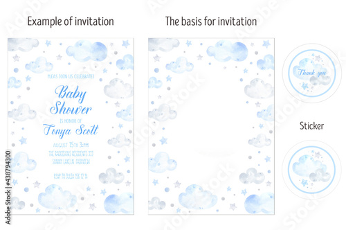 Blue clouds and stars invitation card layout watercolor. Dream, sky, flight. Scandunavian. Baby shower, birthday invitation card. Welcome Baby; Hello Boy, illustration; hello world