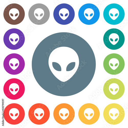 Alien head flat white icons on round color backgrounds