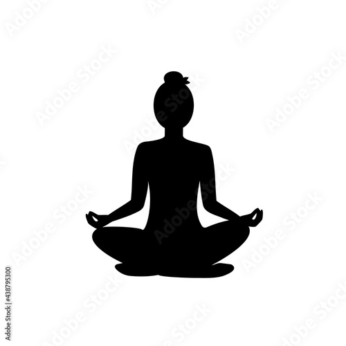 Woman practices meditation in lotus position, black silhouette on white background. Slender girl doing yoga asana crossed legs. Yoga complex. The concept of healthy lifestyle. Vector illustration
