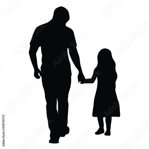 Silhouette of a father and child holding hands. Male silhouette with toddler vector illustration.