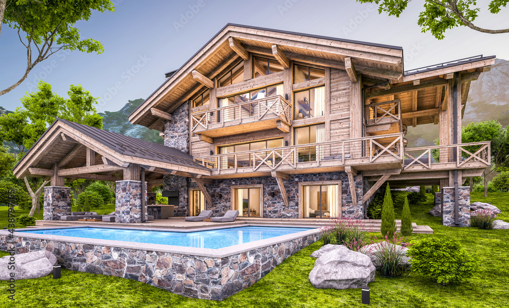 3d rendering of modern cozy chalet with pool and parking for sale or rent.  Massive timber beams columns. Beautiful forest mountains on background. Clear summer evening with cozy light from window