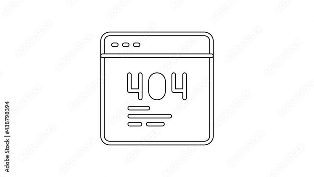 Black line Page with a 404 error icon isolated on white background. Template reports that the page is not found. 4K Video motion graphic animation