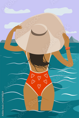 A girl stands in the sea and looks at the horizon, facing the sun. A cute woman in a red swimsuit and a big hat is about to swim. Cartoon vector illustration with seascape