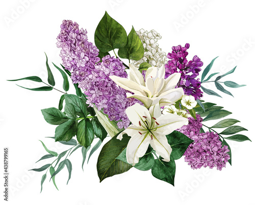 Watercolor lilac flowers and leaves.