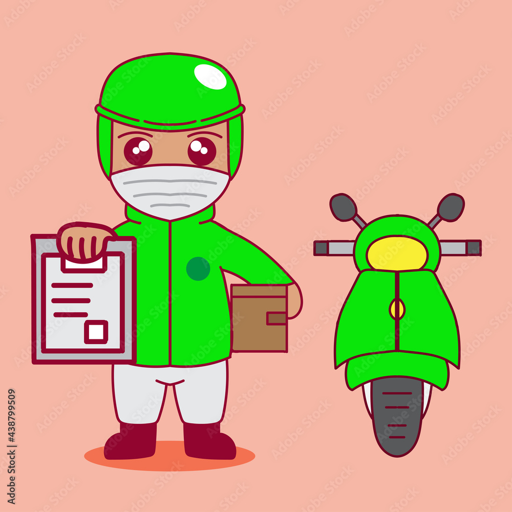 cute cartoon illustration of a delivery person or online motorcycle taxi carrying a box of goods and showing the return address cute cartoon illustration of a delivery person or online motorcycle taxi carrying a box of goods and showing the return address