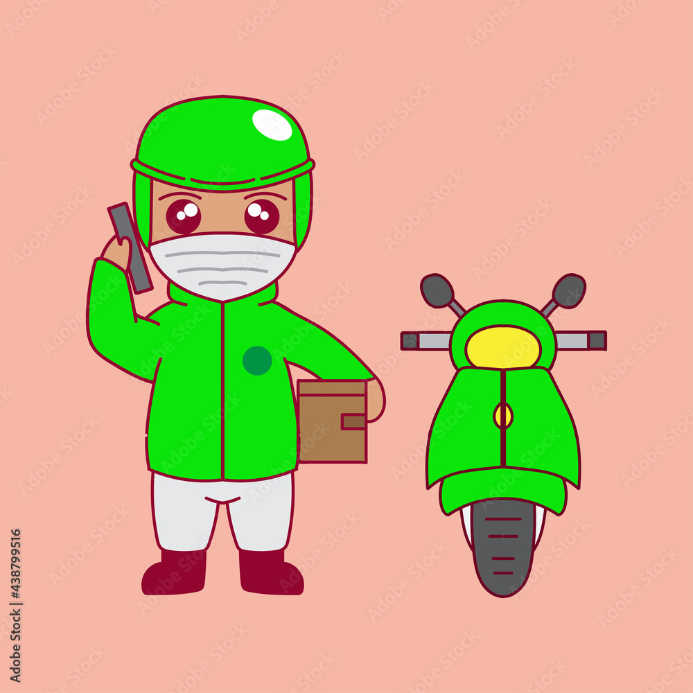cute cartoon illustration of a delivery person or online motorcycle taxi carrying a box of goods and looking for the recipient's address cute cartoon illustration of a delivery person or online motorcycle taxi carrying a box of goods and looking for the recipient's address