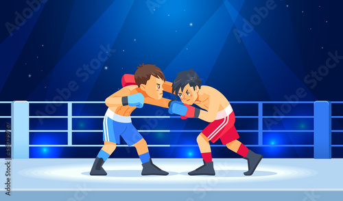 Professional Boxing among boys on ring. Teen boxing, kickboxing children on arena. Young Boxers fight with these adult emotions. Concept of sports and healthy lifestyle. Cartoon vector illustration