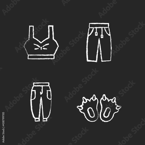 Comfortable clothes for home chalk white icons set on dark background. Bra top. Sweatpants for women and men. Comfy joggers. Sleepwear and homewear. Isolated vector chalkboard illustrations on black