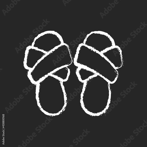 Cross band slippers chalk white icon on dark background. Footwear for lounging at home. Comfortable shoes. Domestic flip flops. Homeware and sleepwear. Isolated vector chalkboard illustration on black