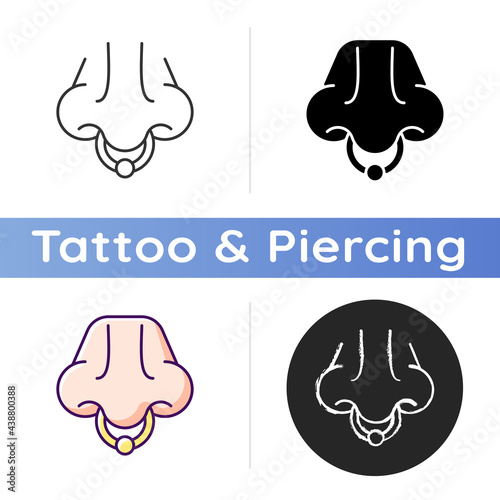 Nose piercing icon. Professional procedure to inject jewellery into nostrils. Beautiful accessories from valuable materials. Linear black and RGB color styles. Isolated vector illustrations