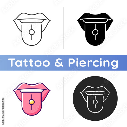 Tongue piercing icon. Beautiful jewellery in human mouth. Metal parts injected in human body. Nice looking piercing. Linear black and RGB color styles. Isolated vector illustrations