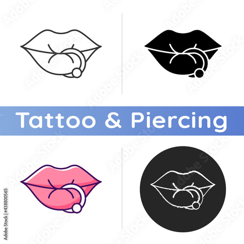 Lip piercing icon. Beautiful jewellery type inserted into lip. Metal needles for making professional piercing work. Linear black and RGB color styles. Isolated vector illustrations
