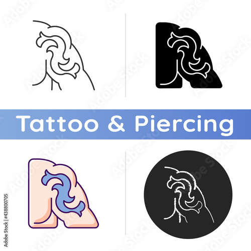 Shoulder tattoo icon. Painting human body. Place for creating picture on skin. Painful under skin ink injection. Linear black and RGB color styles. Isolated vector illustrations