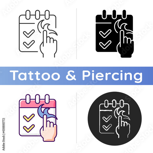 No booking required icon. Tattoo session in professional salon. Contact tattoo masters. Getting new painting on body. Linear black and RGB color styles. Isolated vector illustrations