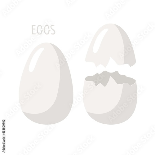 White chicken egg set. Whole and Cracked eggs. Vector culinary ingredient isolated on white background. Flat design style for menu, cafe, restaurant, poster, banner, emblem, sticker.