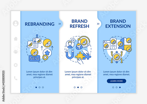 Brand identity change onboarding vector template. Responsive mobile website with icons. Web page walkthrough 3 step screens. Rebranding, extension color concept with linear illustrations