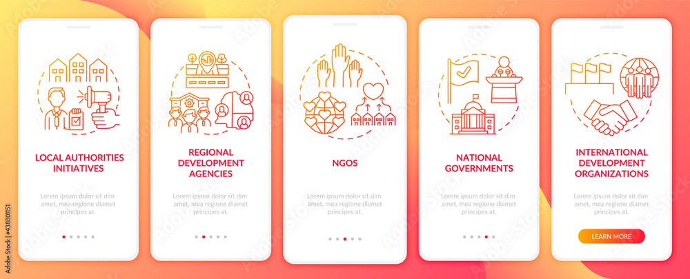 Population growth programs onboarding mobile app page screen with concepts. National governments walkthrough 5 steps graphic instructions. UI, UX, GUI vector template with linear color illustrations