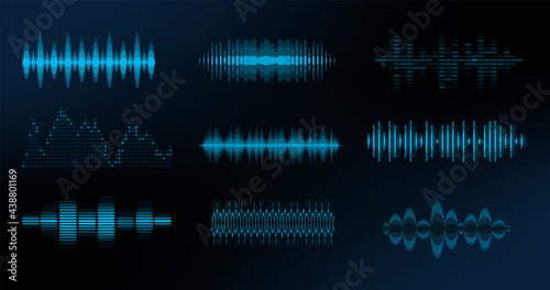 HUD waves big set. Console panel. Electronic radio signal. Equalizer. Vector illustration.