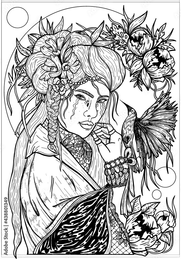 Asian girl close-up in half turn with flowers on a head, pretty japanese with hairstyle and pigtail, in robe with an ornament and decorations, against the background of the big moon with bird. Asian girl close-up in half turn with flowers on a head, pretty japanese with hairstyle and pigtail, in robe with an ornament and decorations, against the background of the big moon with bird.